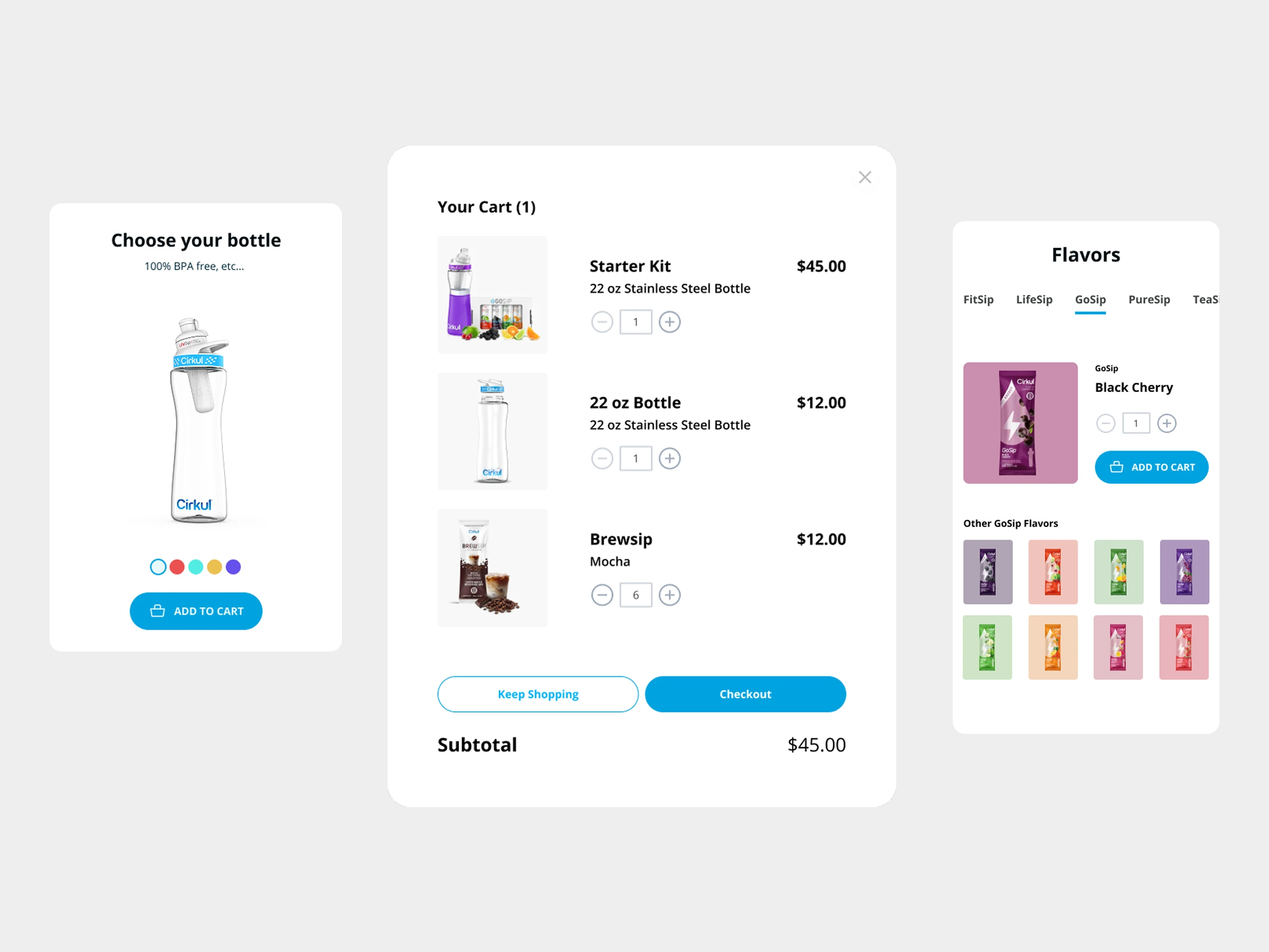 Cirkul components: choose your bottle, your cart, and the flavor selector