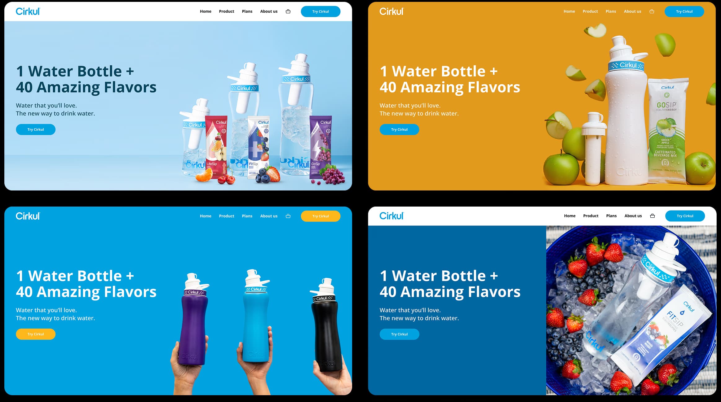 Four desktop home page variants — different colors, same module structure