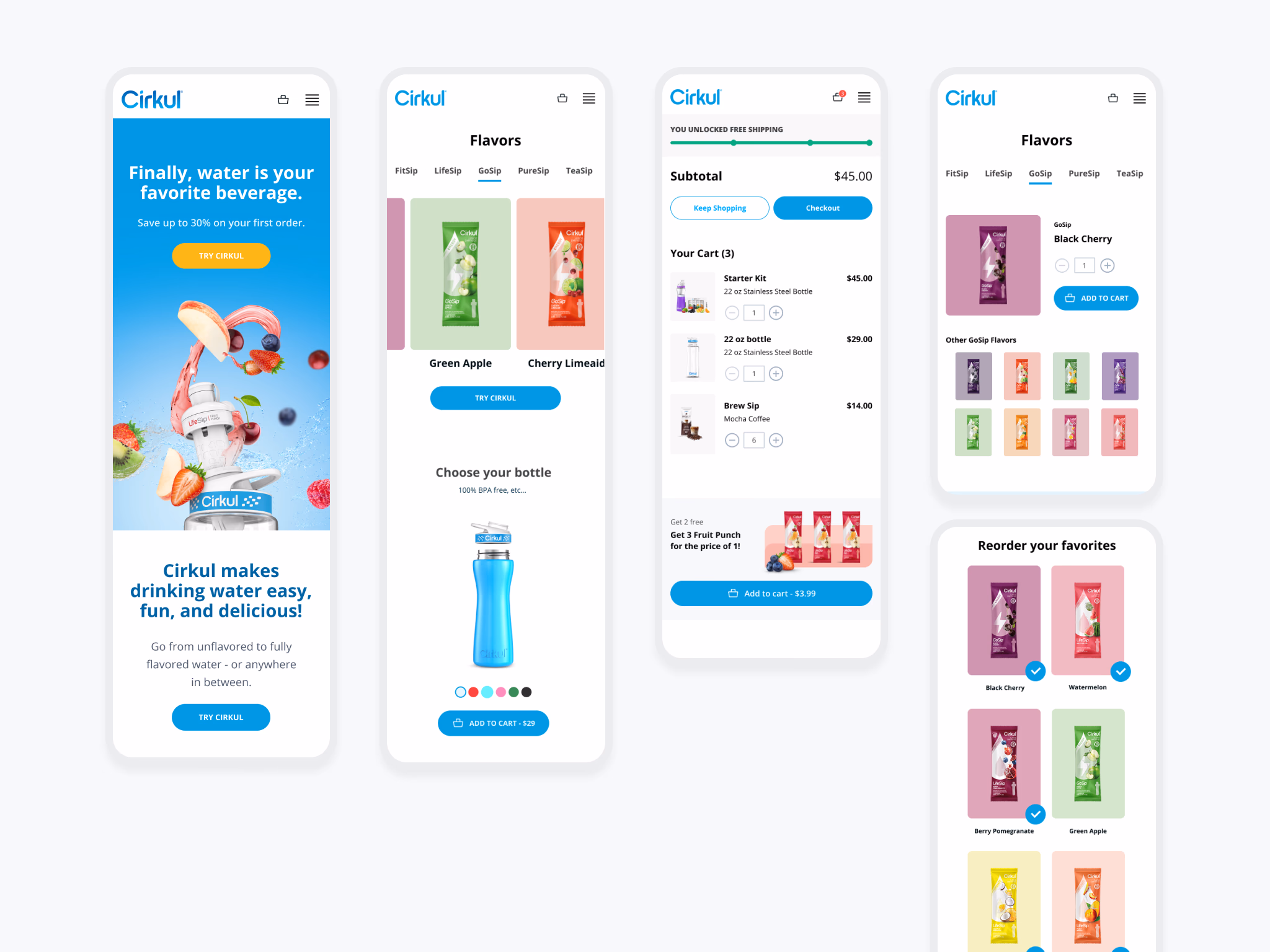Cirkul mobile flow: home, flavors, choose bottle, cart, reorder favorites